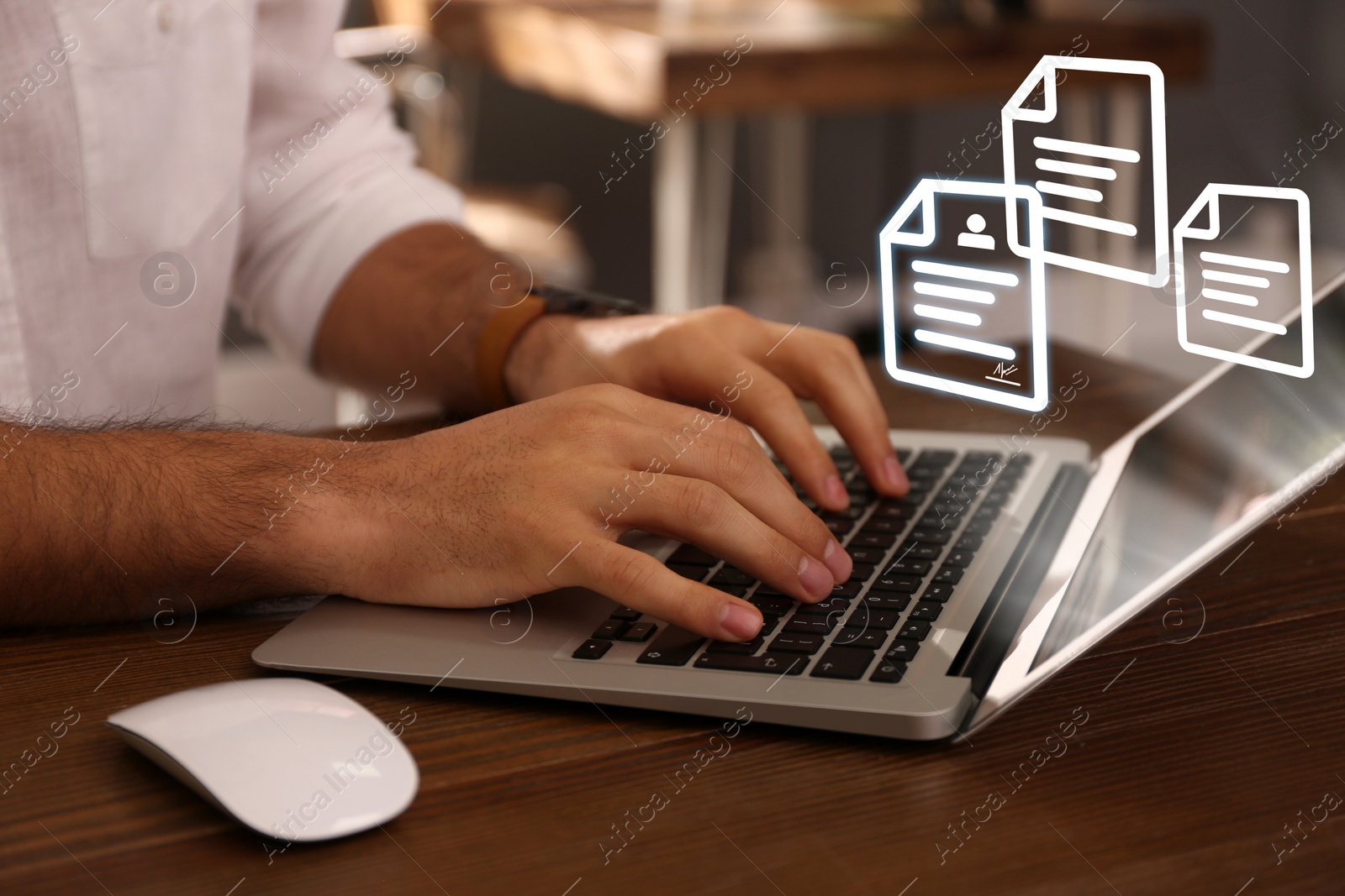 Image of Concept of electronic signature. Man working on laptop at wooden table indoors, closeup