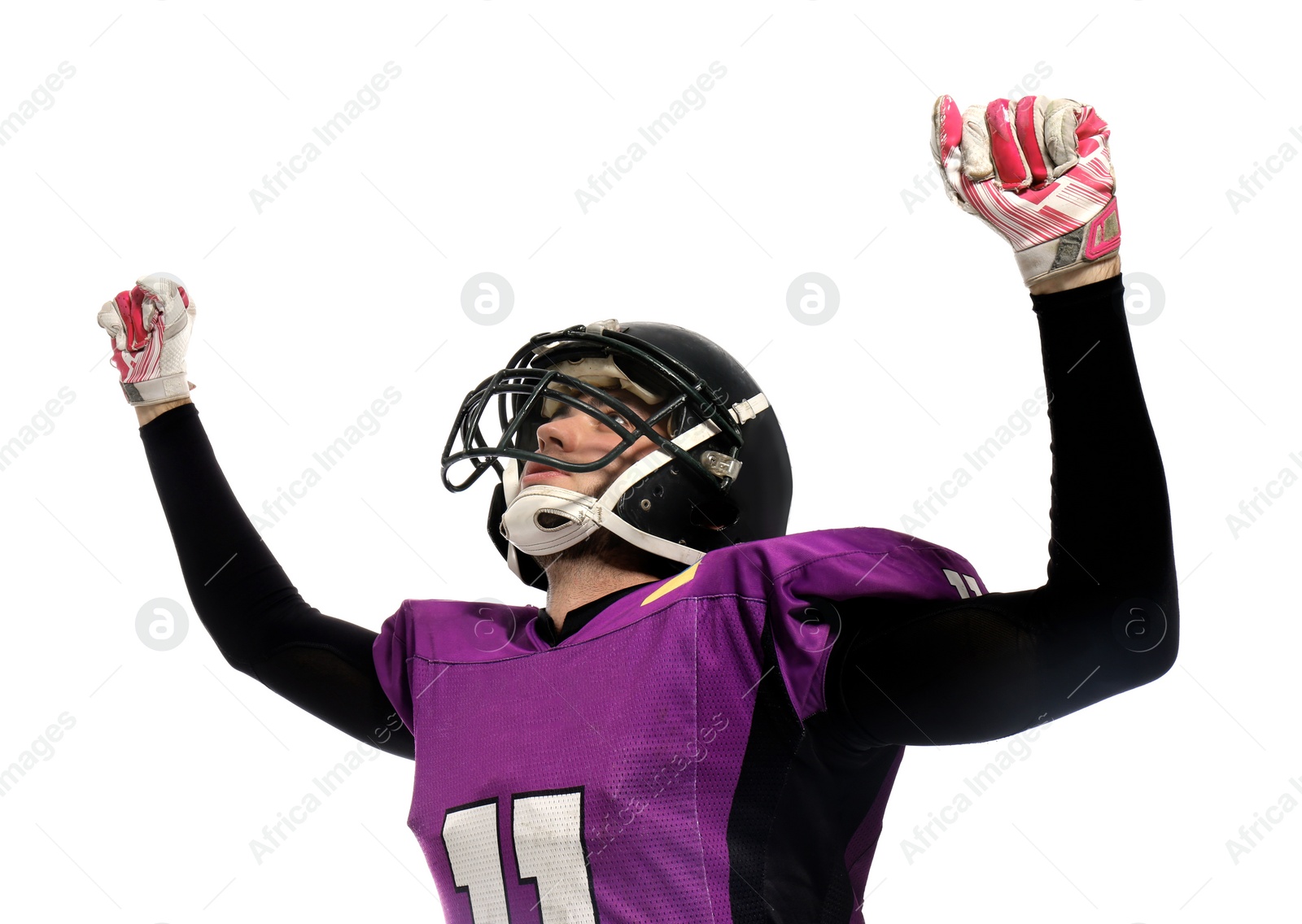 Photo of American football player wearing uniform on white background