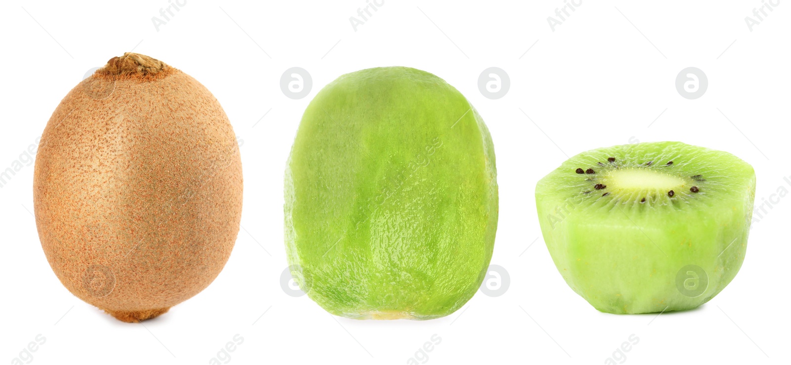 Image of Set with ripe kiwi fruits on white background, banner design