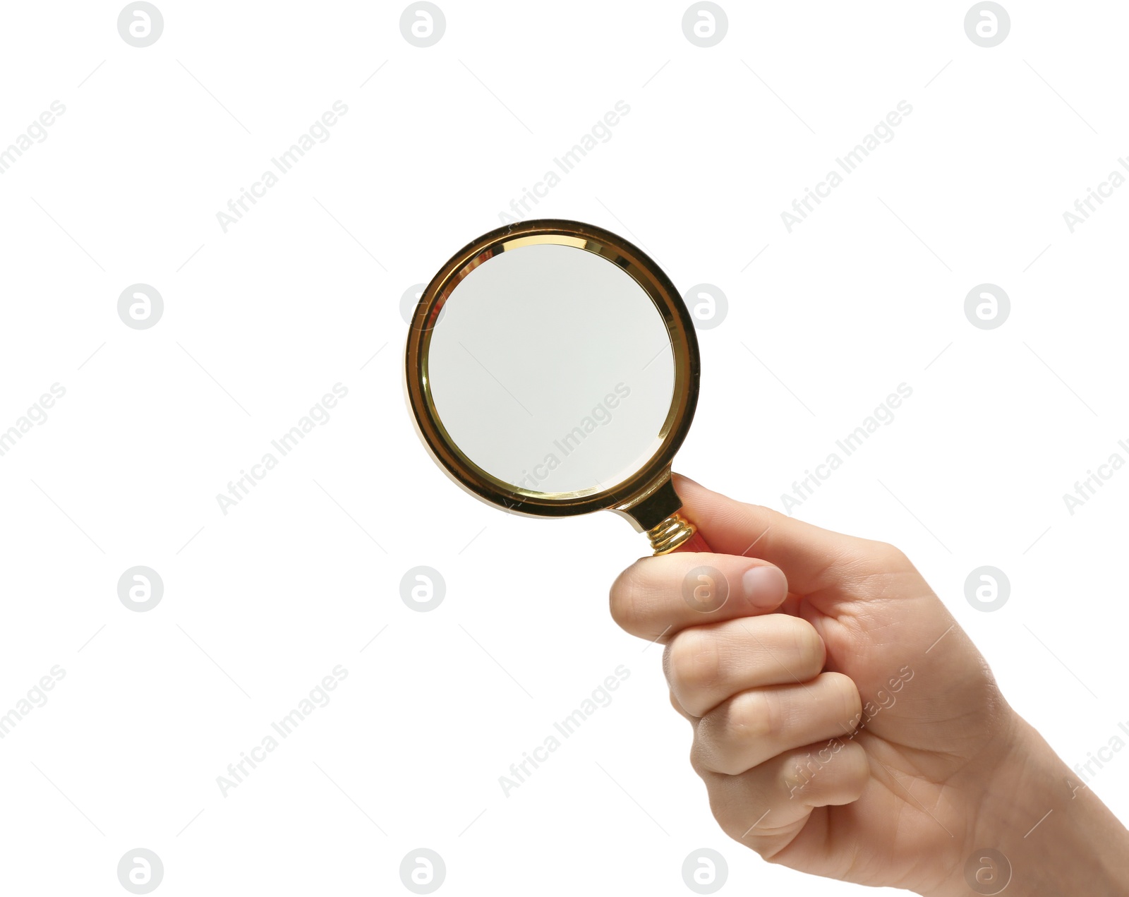 Photo of Woman holding magnifying glass on white background, closeup