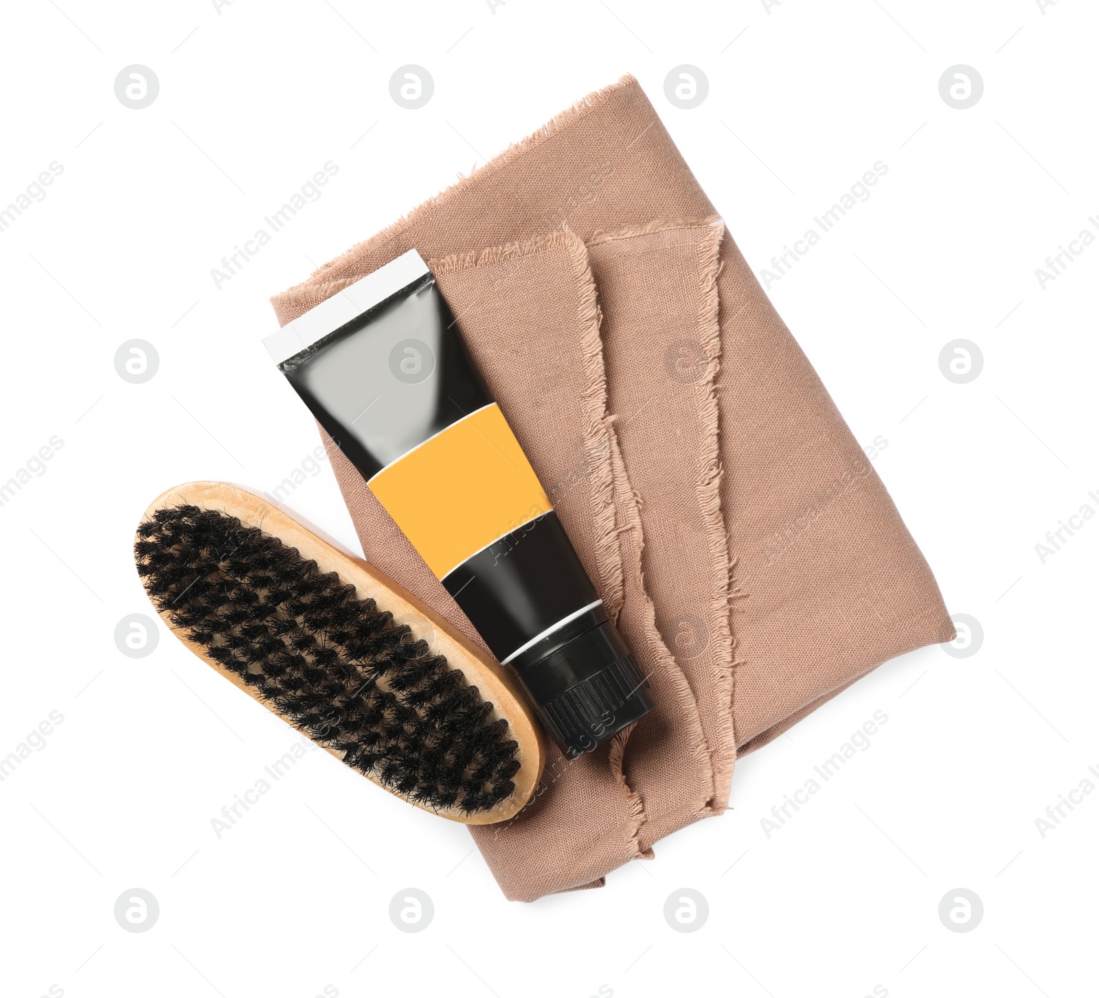 Photo of Shoe care accessories on white background, top view