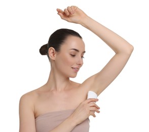 Photo of Beautiful woman applying deodorant on white background