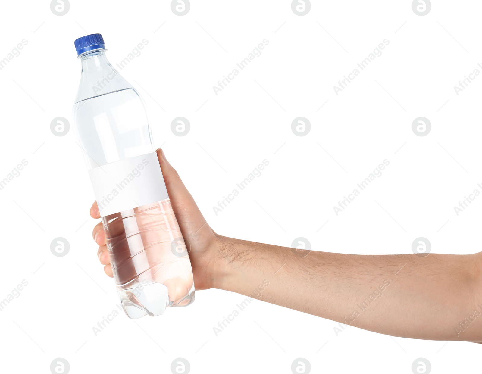 Photo of Man holding plastic bottle of pure water with blank tag on white background