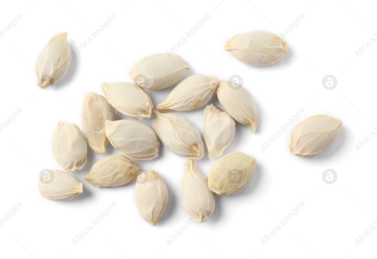 Photo of Many seeds of tangerine isolated on white, top view