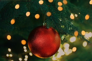 Photo of Christmas tree decorated with red festive ball and lights, closeup