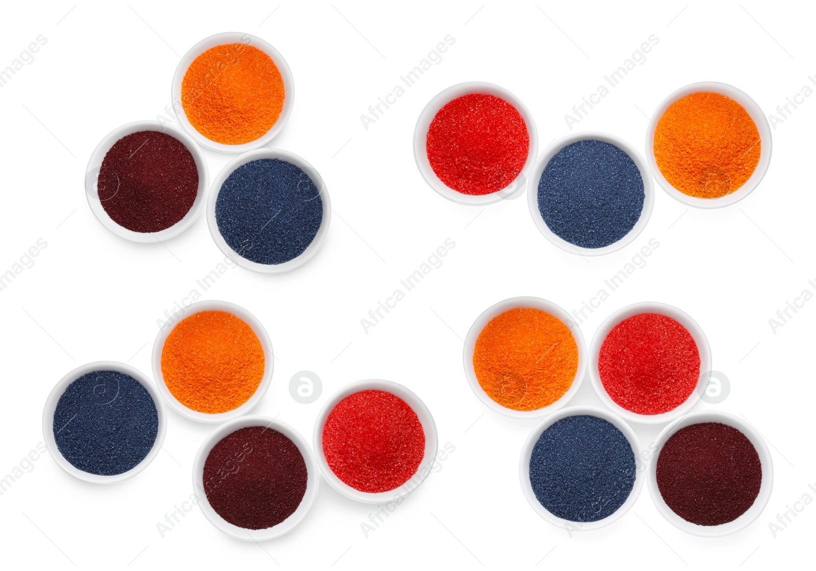 Image of Many different powdered food coloring in bowls isolated on white, top view