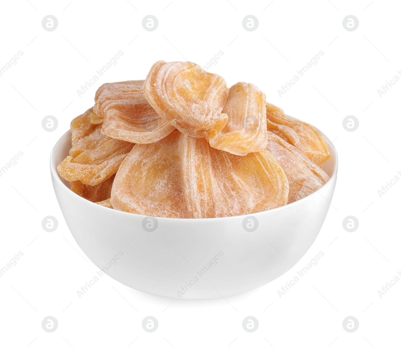 Photo of Delicious dried jackfruit slices in bowl isolated on white