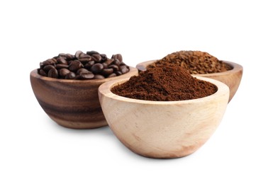 Bowls of beans, instant and ground coffee on white background