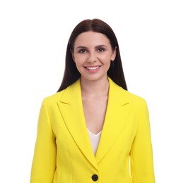 Beautiful happy businesswoman in yellow suit on white background