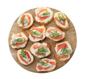 Tasty canapes with salmon, cucumber, cream cheese and dill isolated on white, top view