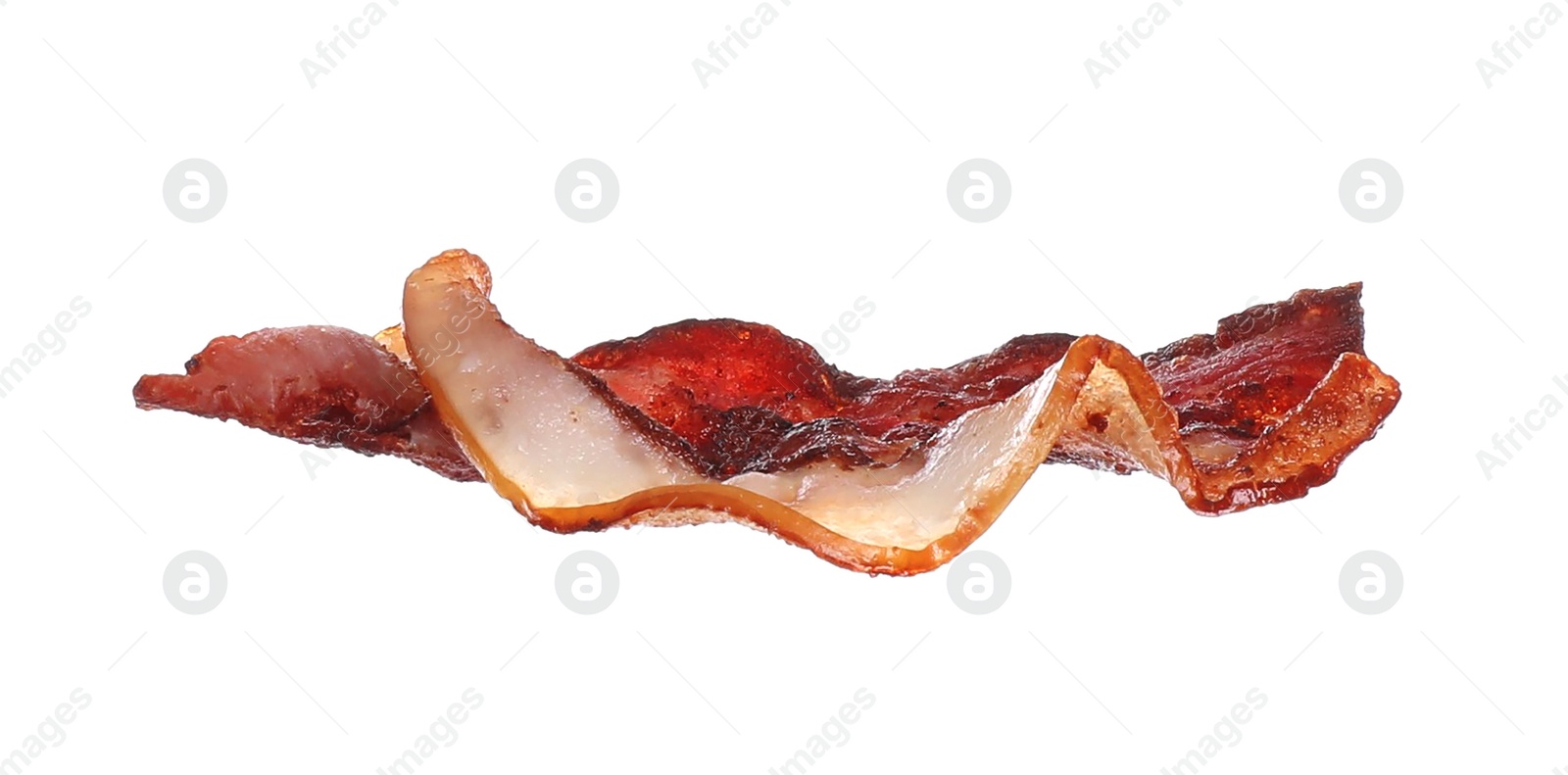 Photo of Crispy fried bacon strip isolated on white. Sandwich ingredient