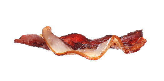 Photo of Crispy fried bacon strip isolated on white. Sandwich ingredient