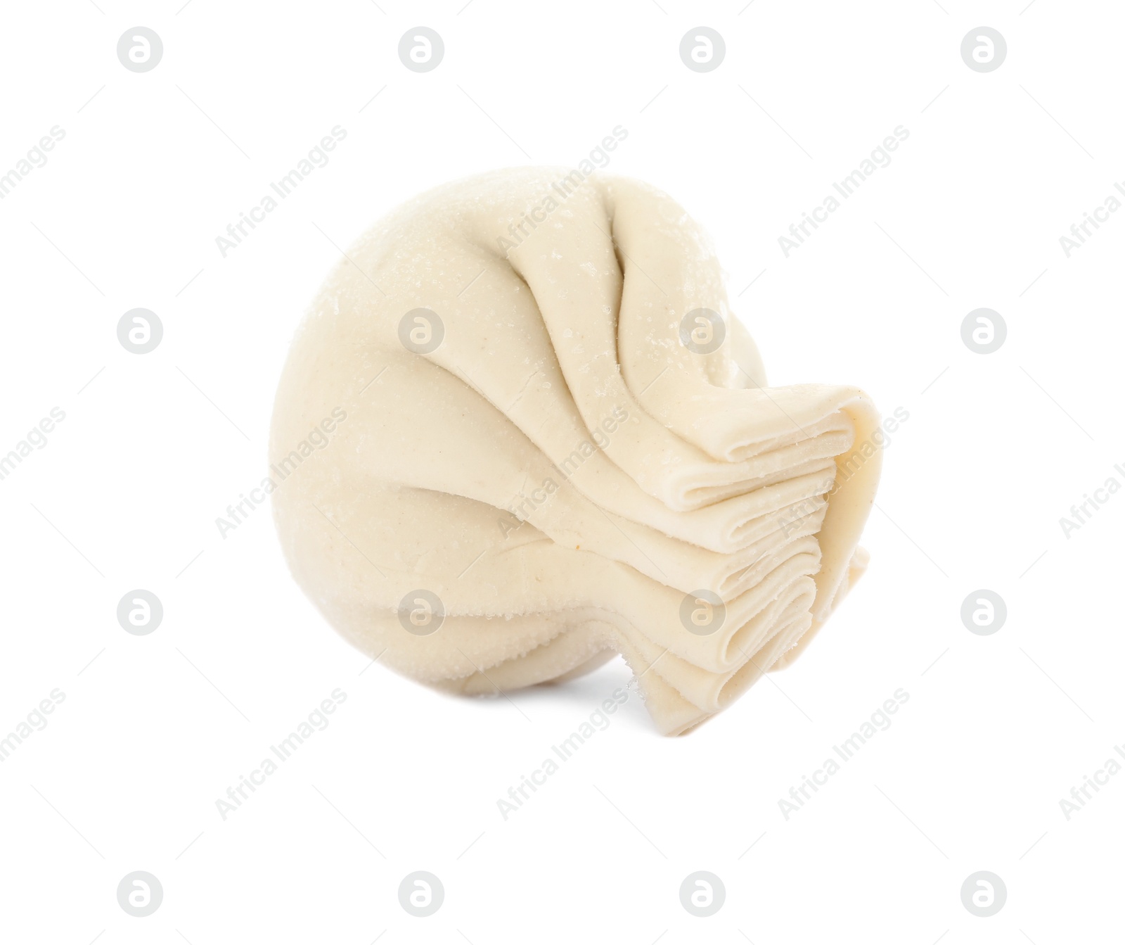 Photo of Raw dumpling with tasty filling on white background