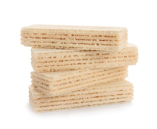 Photo of Delicious crispy wafers on white background. Sweet food