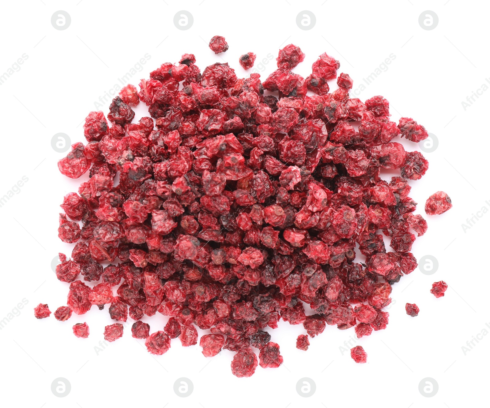 Photo of Pile of dried red currants on white background, top view