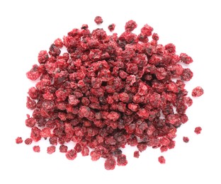 Pile of dried red currants on white background, top view