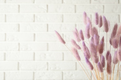 Dried flowers against white brick wall, closeup. Space for text