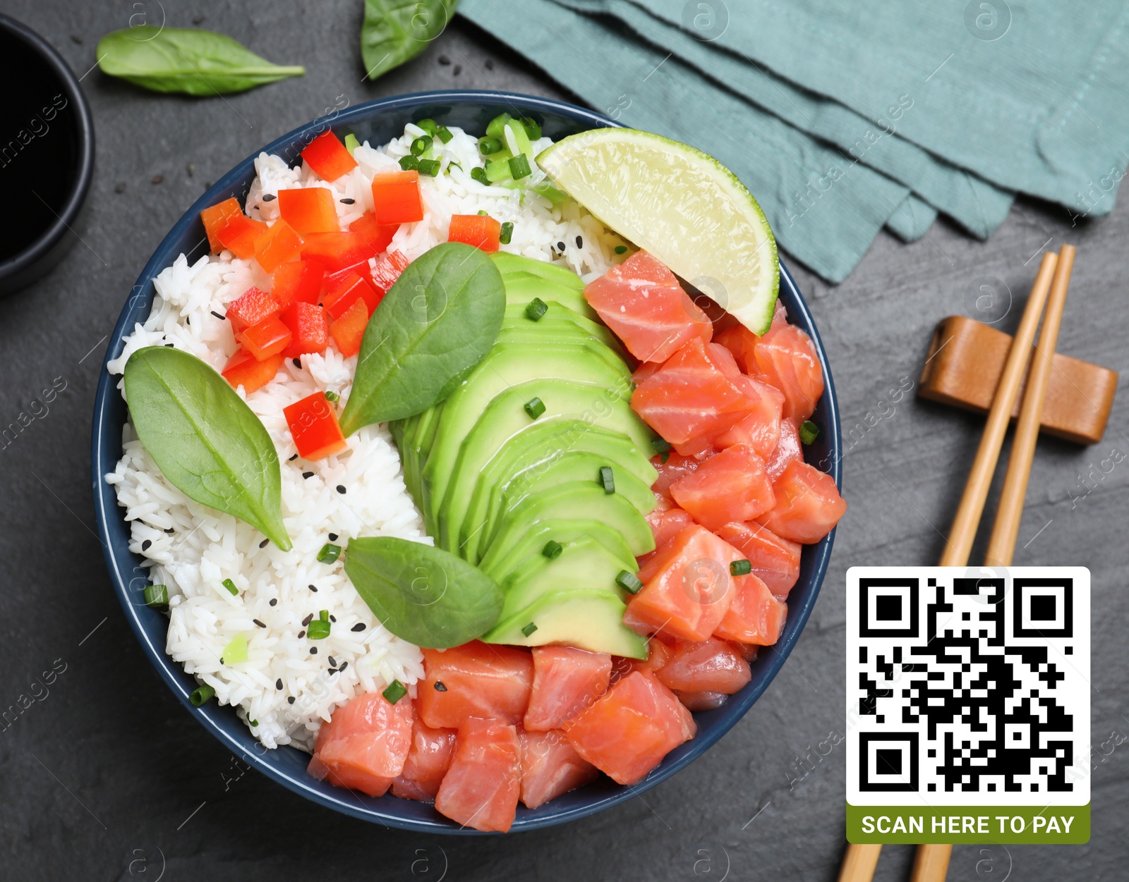 Image of Scan QR code for contactless menu. Delicious poke bowl with salmon and avocado on black table, flat lay