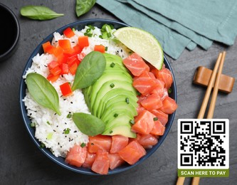 Image of Scan QR code for contactless menu. Delicious poke bowl with salmon and avocado on black table, flat lay