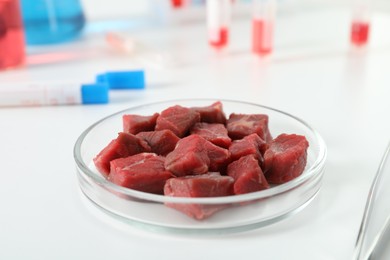 Photo of Petri dish with pieces of raw cultured meat on white table in laboratory, closeup