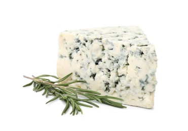 Tasty blue cheese with rosemary isolated on white