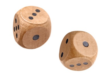 Image of Two wooden dice in air on white background