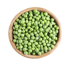 Bowl with delicious fresh green peas on white background