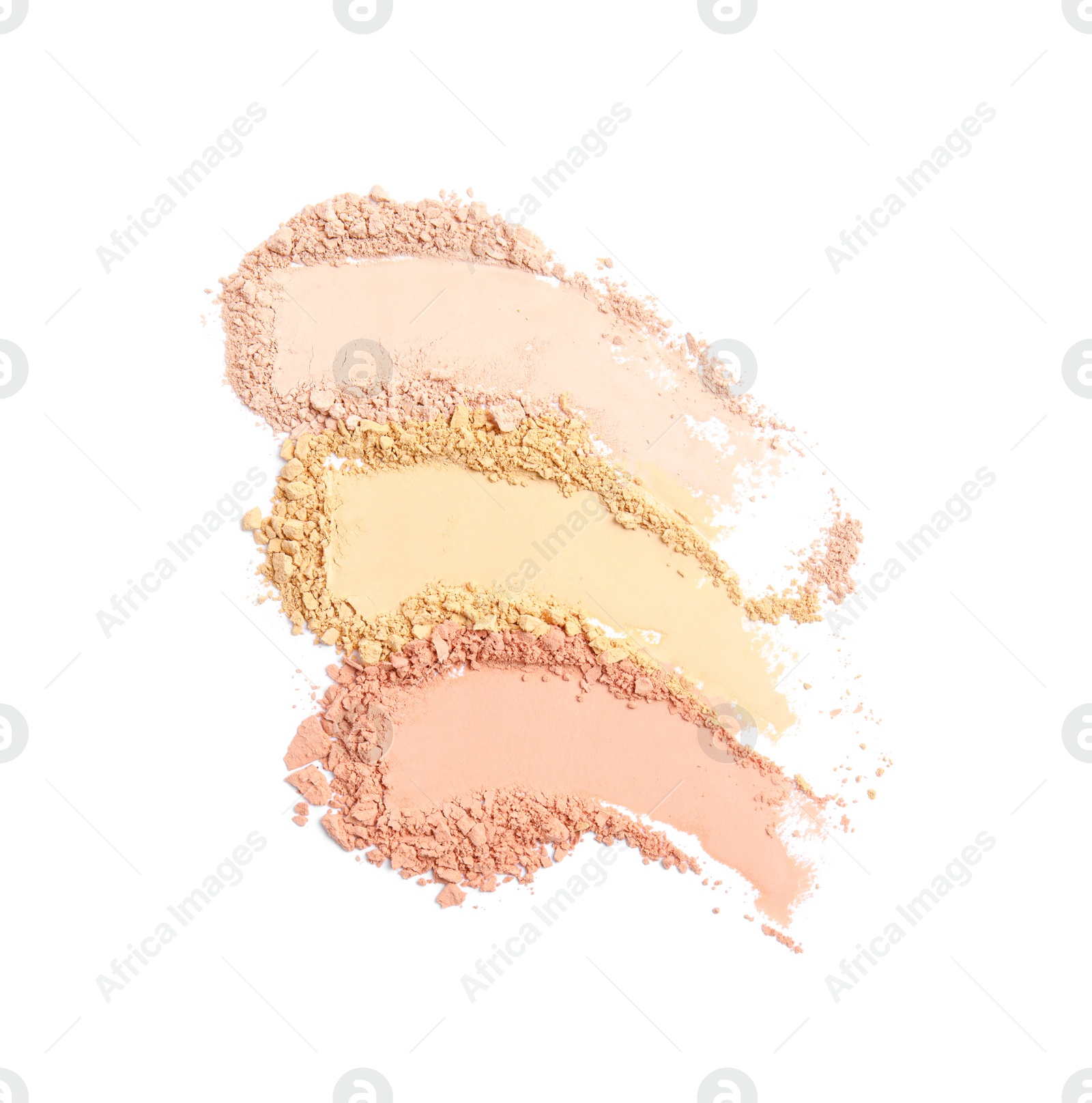 Photo of Swatches of different crushed face powders on white background, top view