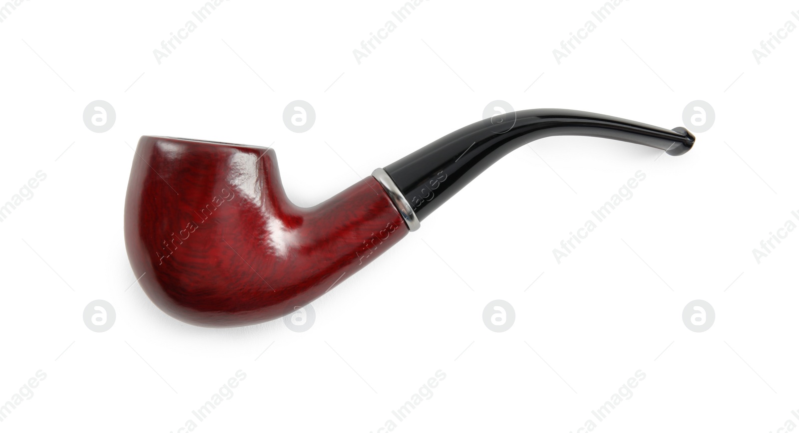 Photo of Classic wooden smoking pipe isolated on white, top view