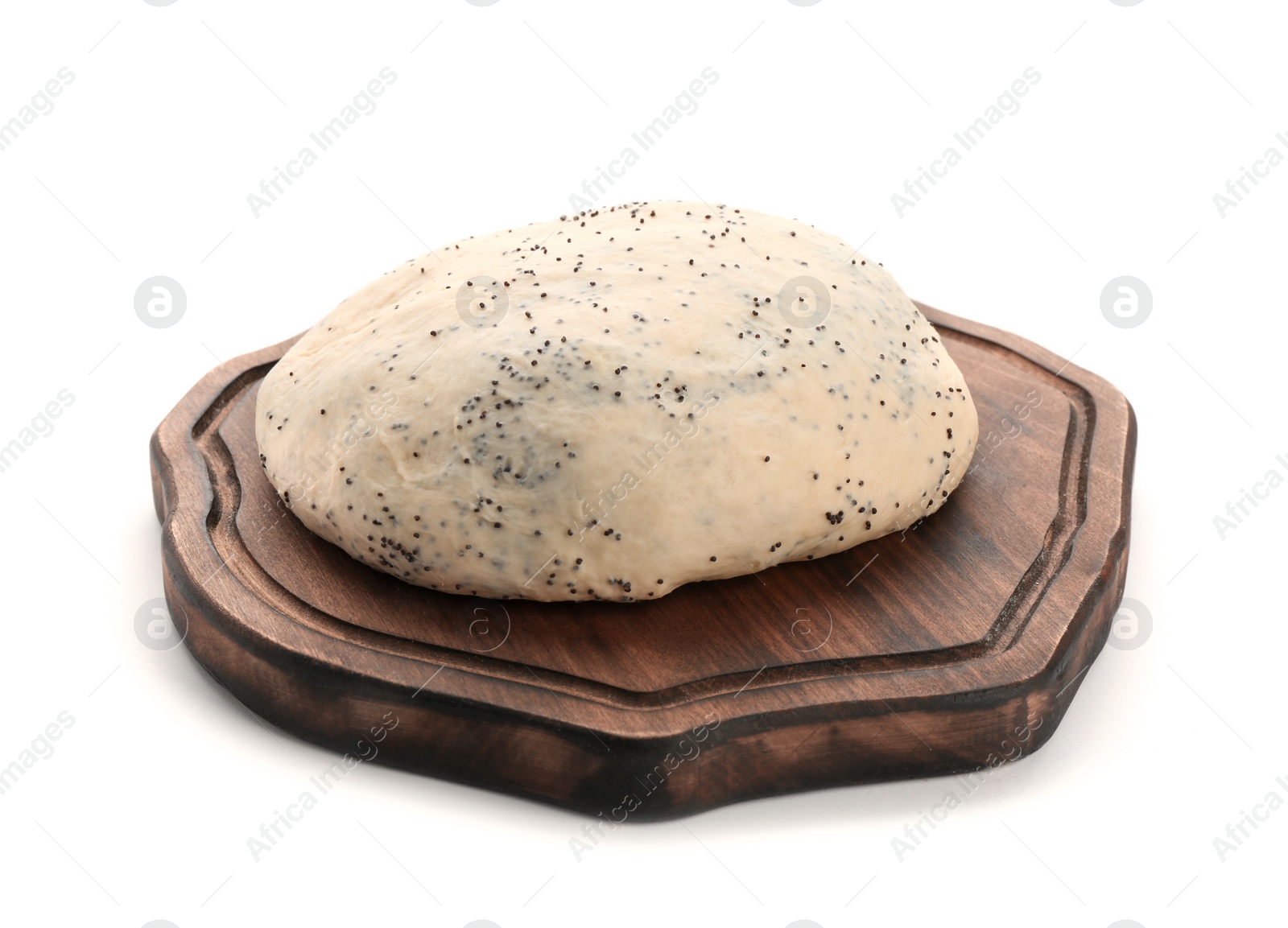 Photo of Wooden board and raw dough with poppy seeds on white background