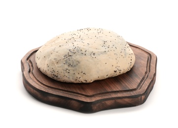 Photo of Wooden board and raw dough with poppy seeds on white background