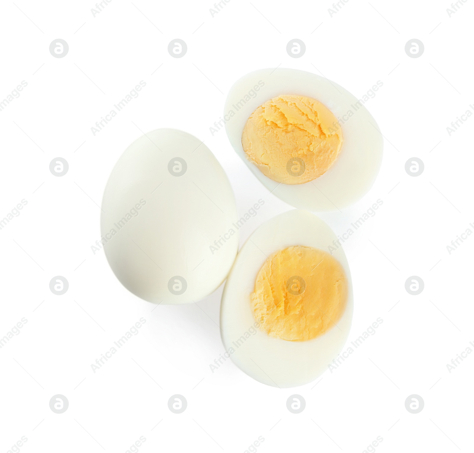 Photo of Fresh hard boiled chicken eggs isolated on white, top view