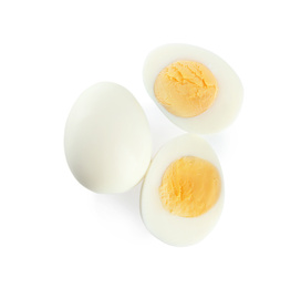 Photo of Fresh hard boiled chicken eggs isolated on white, top view