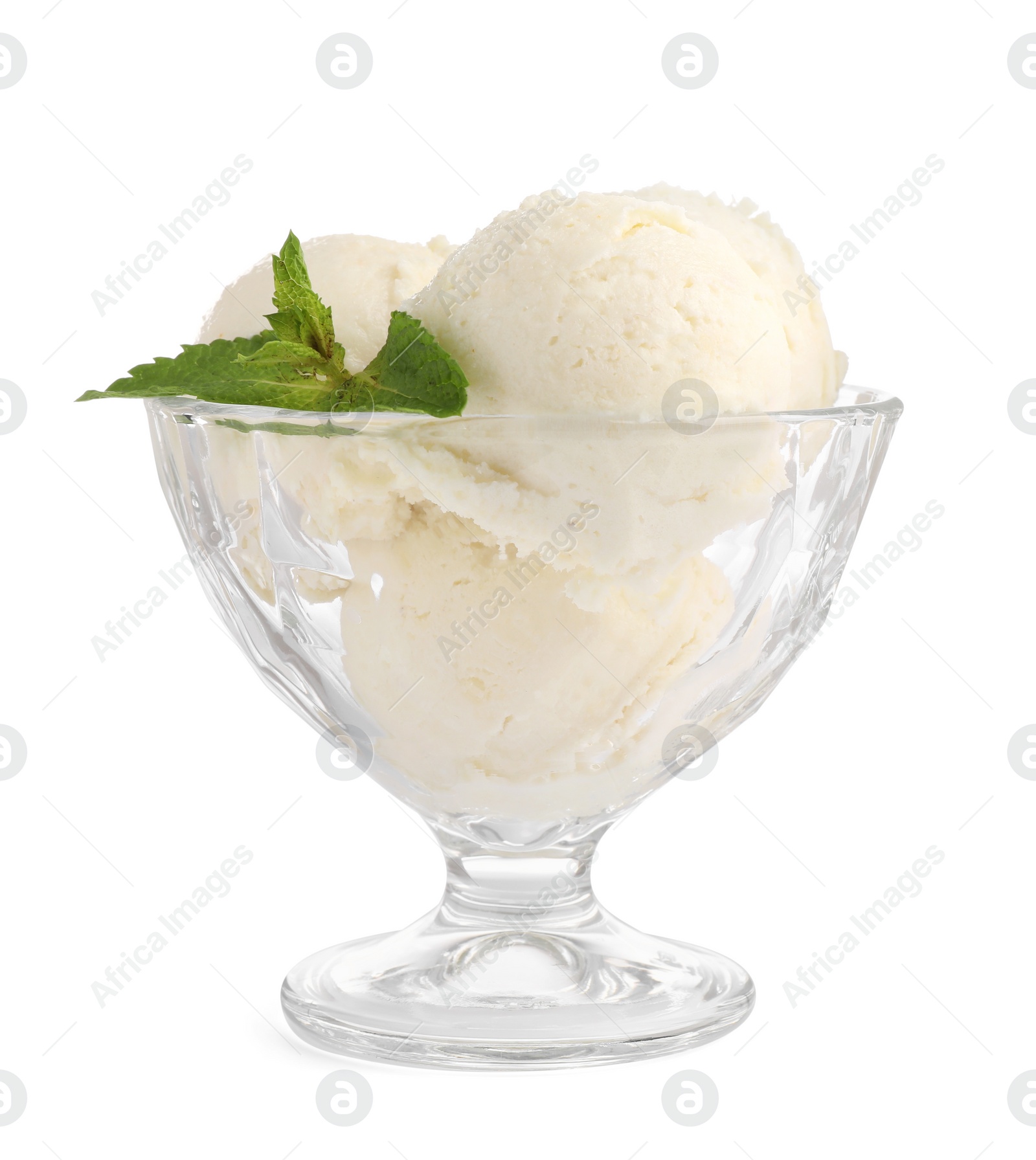 Photo of Glass dessert bowl of tasty vanilla ice cream with mint isolated on white