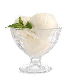 Photo of Glass dessert bowl of tasty vanilla ice cream with mint isolated on white