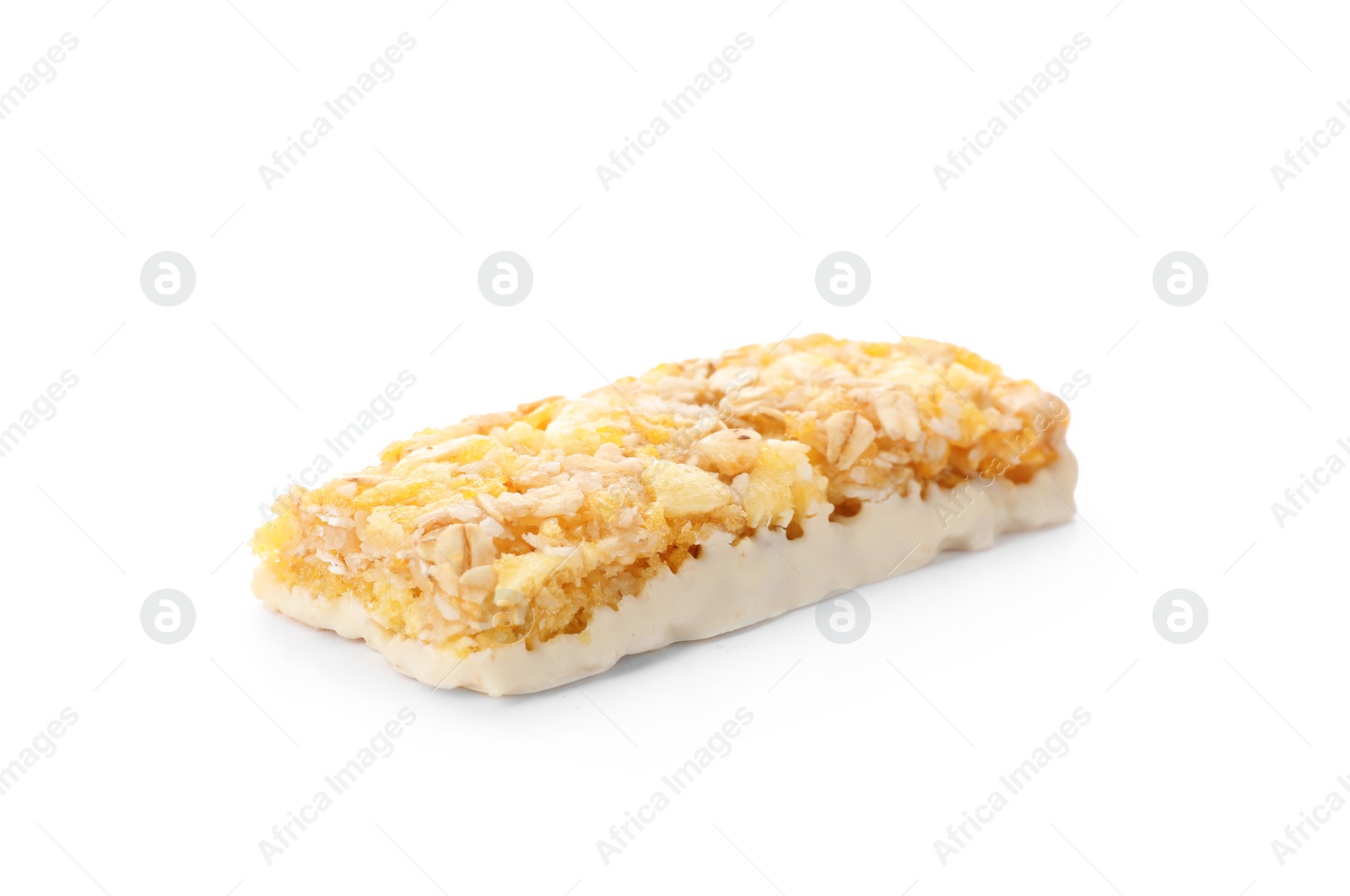 Photo of Tasty protein bar on white background. Healthy snack