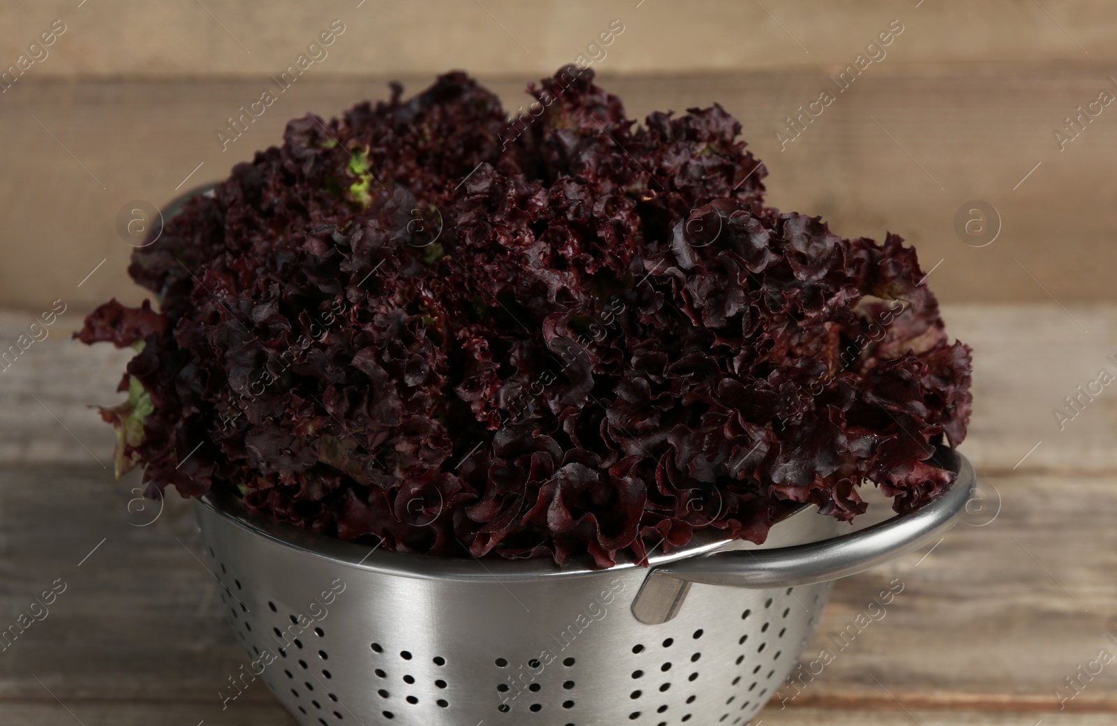 Photo of Colander with red coral lettuce on wooden table, closeup