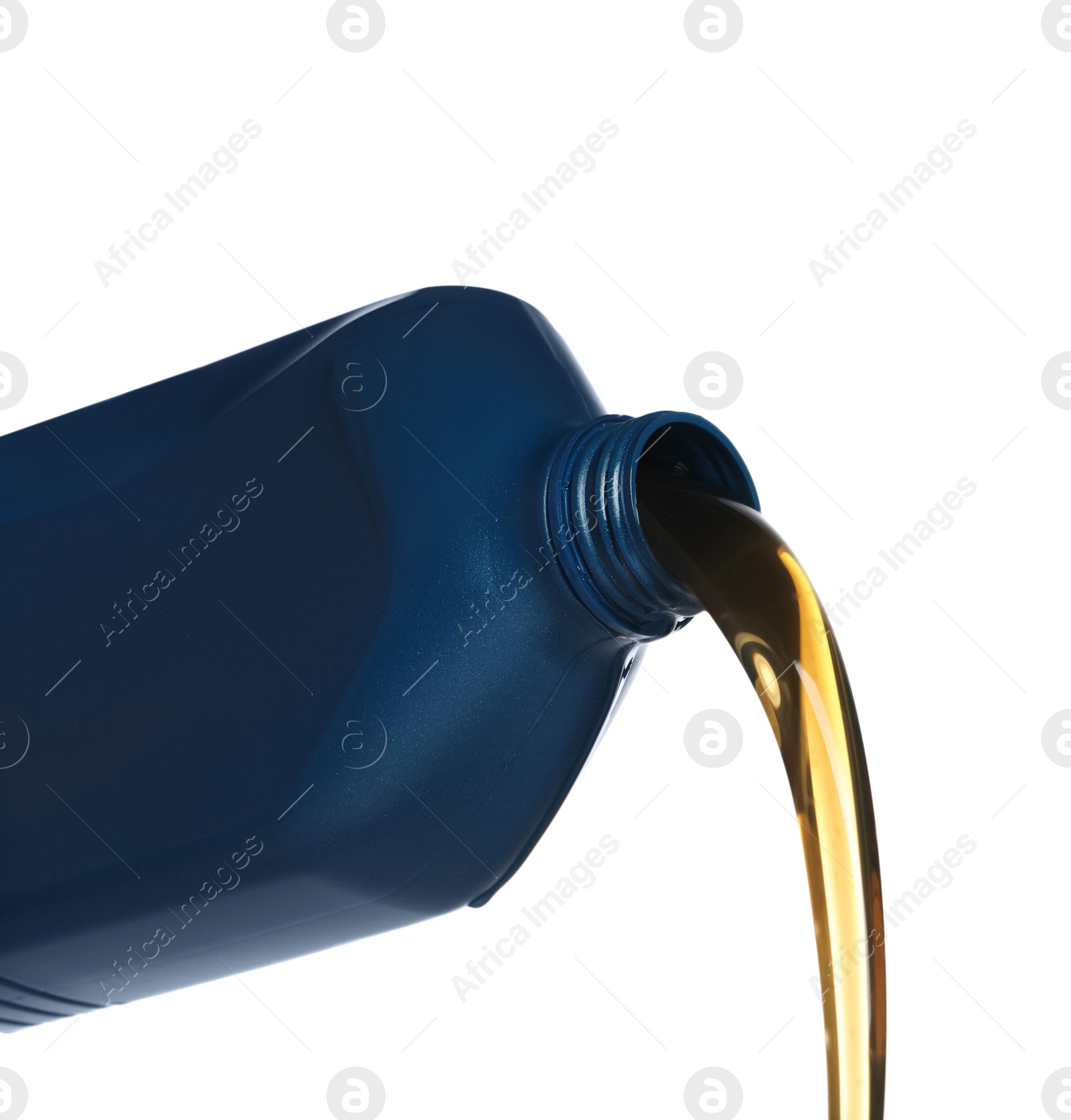 Photo of Pouring motor oil from blue container on white background, closeup