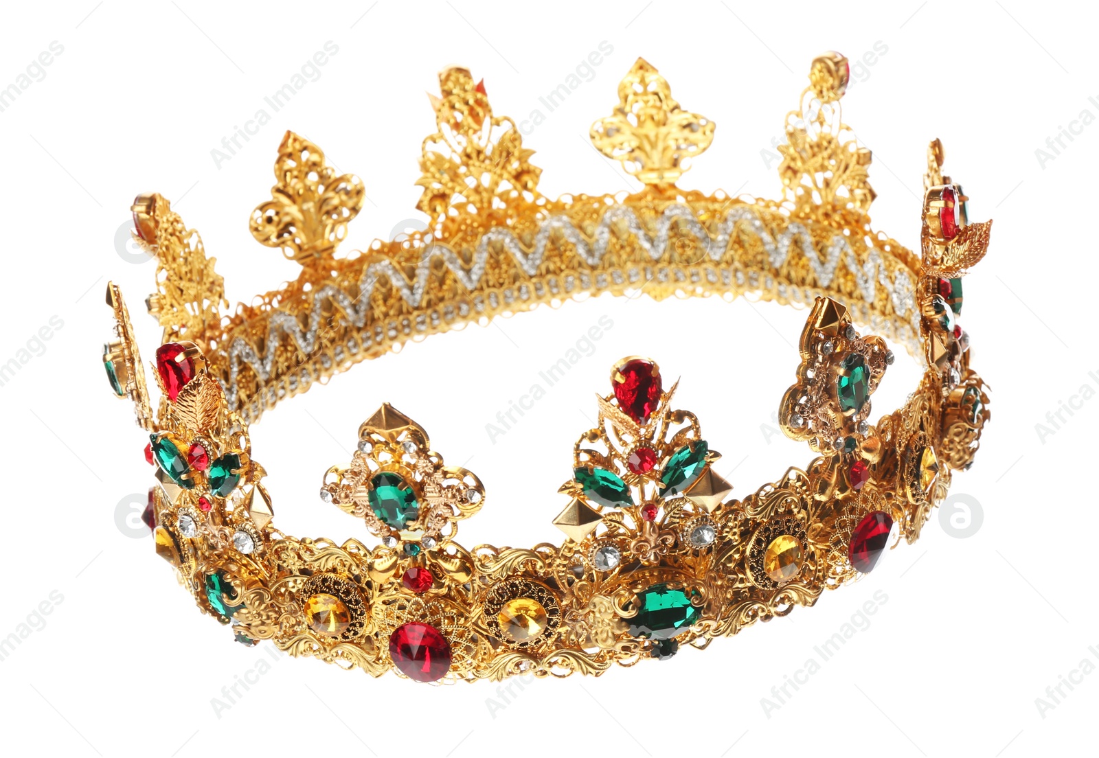 Photo of Beautiful golden crown on white background. Fantasy item