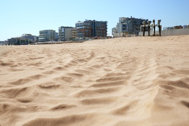 Photo of Sandy city beach on sunny day, low angle view