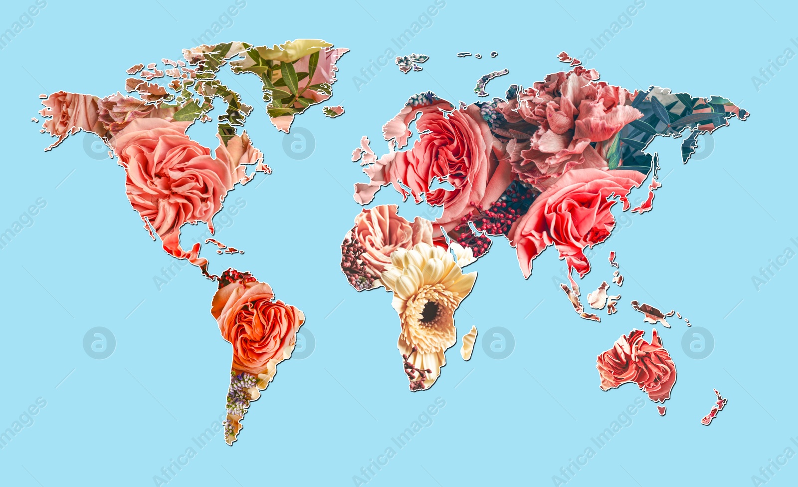 Image of World map made of beautiful flowers on light blue background, banner design