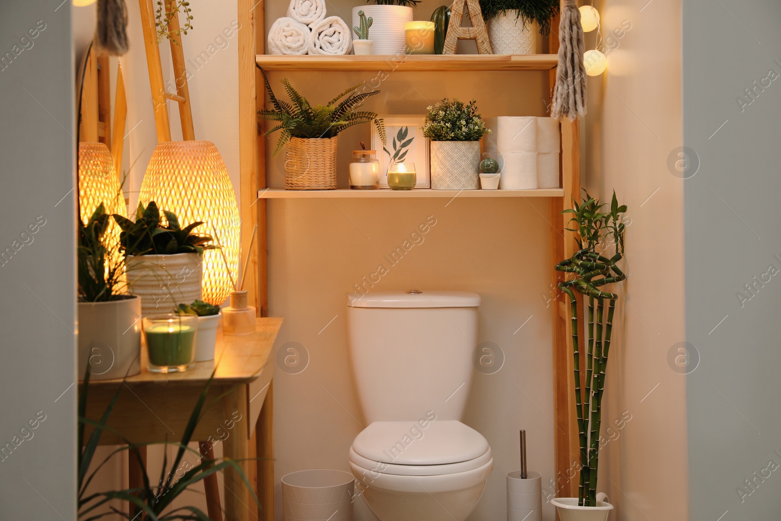 Photo of Stylish bathroom interior with toilet bowl and green plants