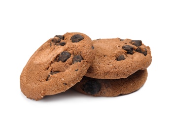 Delicious chocolate chip cookies on white background