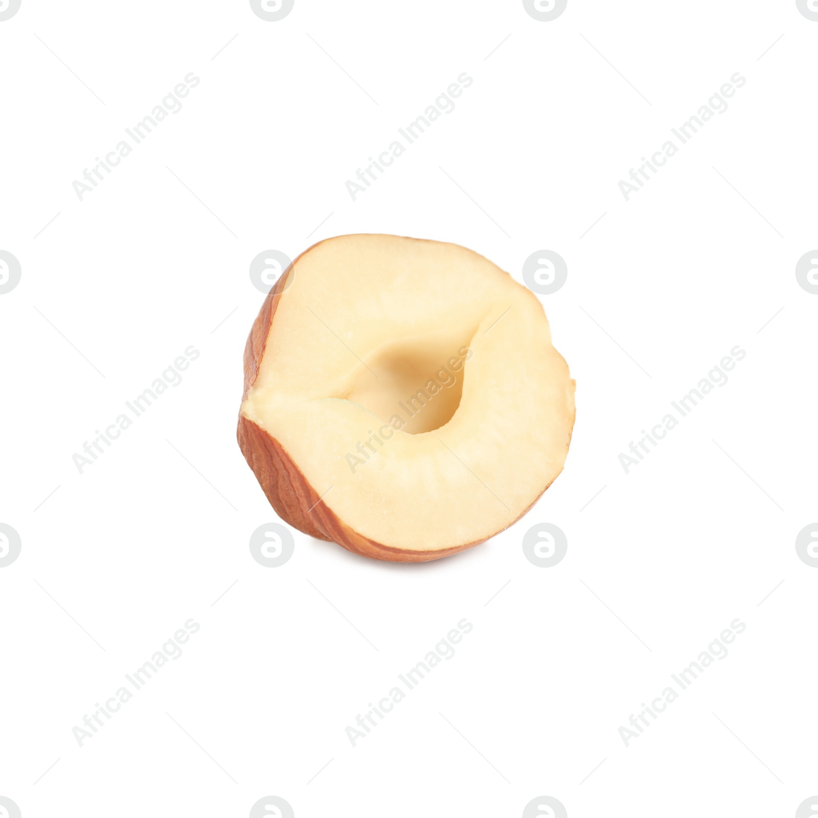 Photo of Half of tasty organic hazelnut on white background