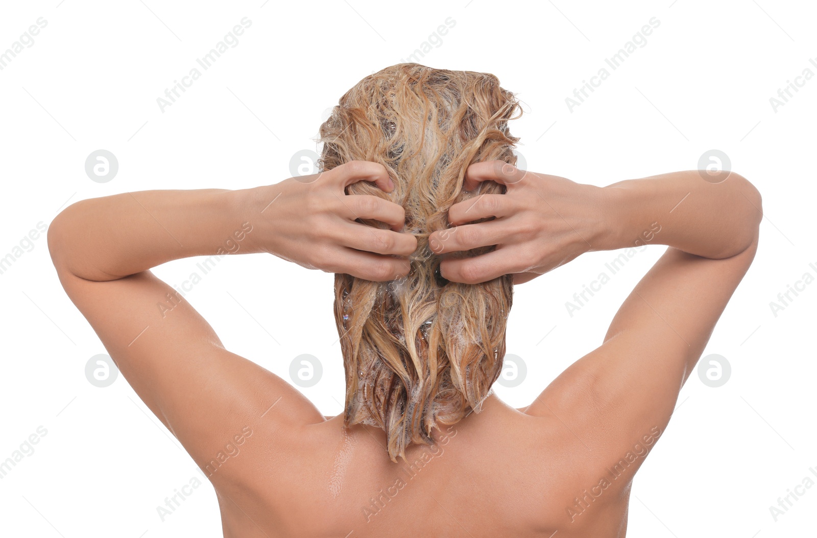 Photo of Woman washing hair on white background, back view