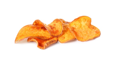 Photo of Tasty sweet potato chips isolated on white