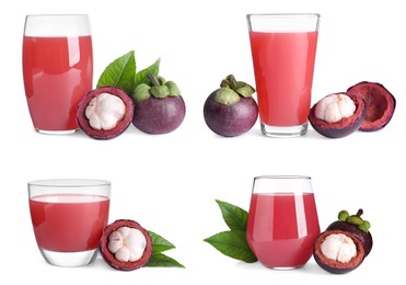 Image of Set with delicious mangosteen juice and fresh fruits on white background
