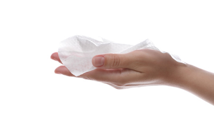 Photo of Woman holding wet wipe on white background, closeup