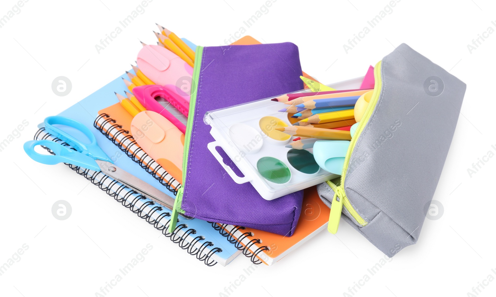 Photo of Many different school stationery isolated on white