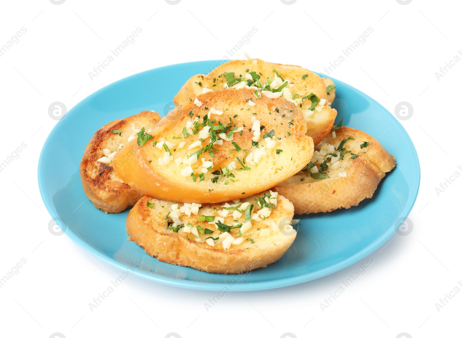 Photo of Plate with tasty homemade garlic bread isolated on white